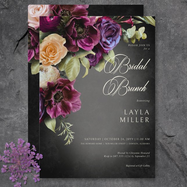Möhippan Svart oskärpa i mörkens Elegant, Blommigt Inbjudningar (Dark Elegant Black Blur Floral Bridal Shower Invitation)