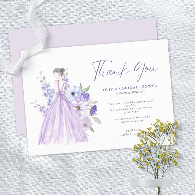 Möhippan Tack för lila Blomsterskript Inbjudningar (Purple Flower Script Bridal Shower Thank You Card)