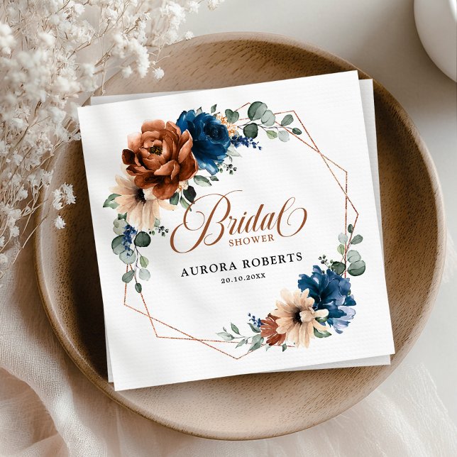 Möhippan Terracotta Navy Blue Greenery Pappersservett (Terracotta Navy Blue Greenery geometric Bridal Shower Napkins)