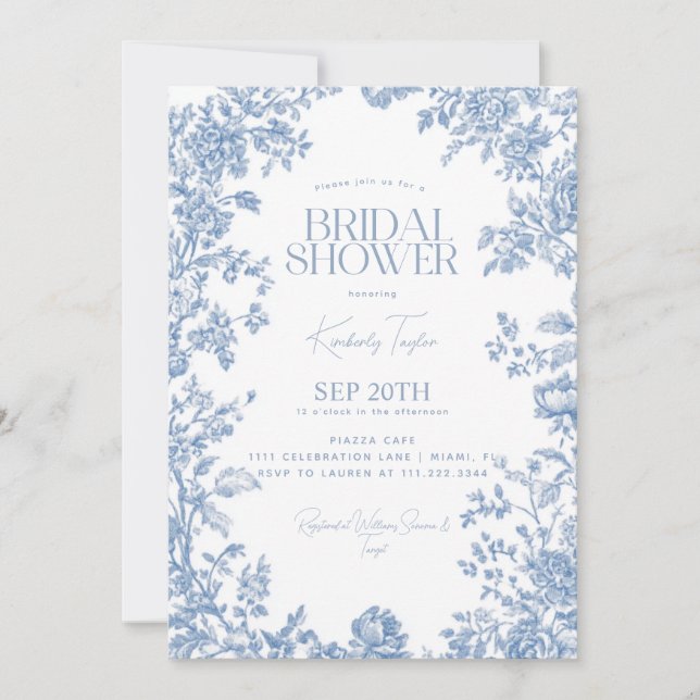 Möhippan Toile De Jouy Dusty Blue Blommigt Inbjudningar (Framsida)