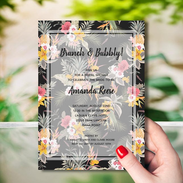 Möhippan Tropical Blommigt Black Inbjudningar (Brunch and Bubbly Tropical Bridal Shower Invitations - INSTANT DOWNLOAD and/or PRINTED)