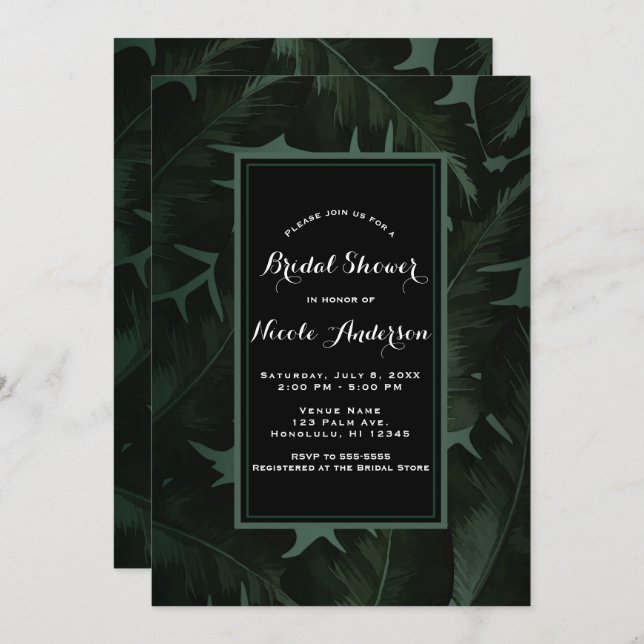 Möhippan Tropical Löv grönt & Black Chic Inbjudningar (Fram/baksida)