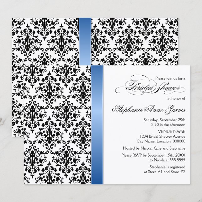 Möhippan Tryckt Royal Blue Ribbon Damask Inbjudningar (Fram/baksida)