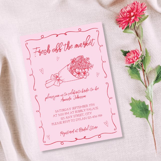 Möhippan utanför Rosan och Röda Hand plockade Inbjudningar (Off The Market Pink & Red Hand Drawn Bridal Shower Invitation)
