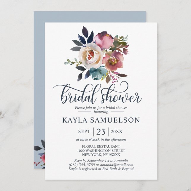 Möhippan Vattenfärgad Blommigt Dusty Blue Ro Inbjudningar (Fram/baksida)