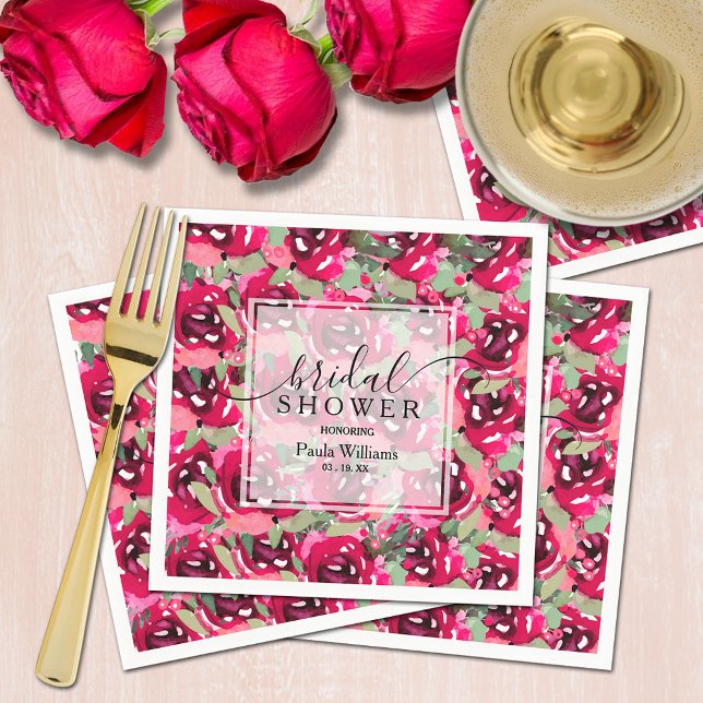 Möhippan Vattenfärgsblommor Rosa Flowers Pappersservett (Chic watercolor hot pink floral bridal shower personalized napkins)