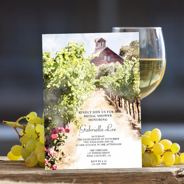Möhippan Vineyard och Red Barn Watercolor Inbjudningar (Perfect inspo for a wine tasting party or vineyard bridal shower celebration theme.)