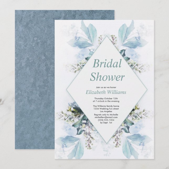 Möhippan vintage blå Blommigt vattenfärg Inbjudningar (Fram/baksida)