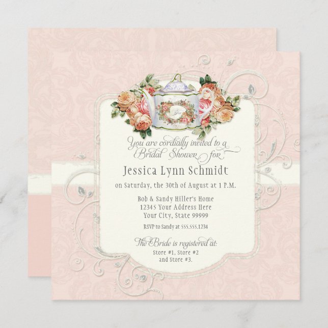 Möhippan Vintage Elegant  Ro Blommigt  Inbjudningar (Fram/baksida)