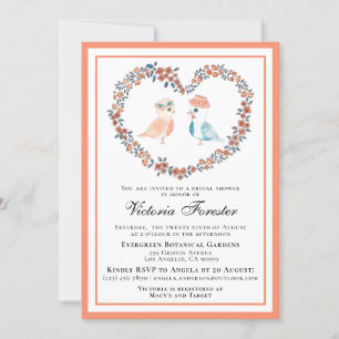 Möhippan vintage Peach Blommigt Love birds Inbjudningar