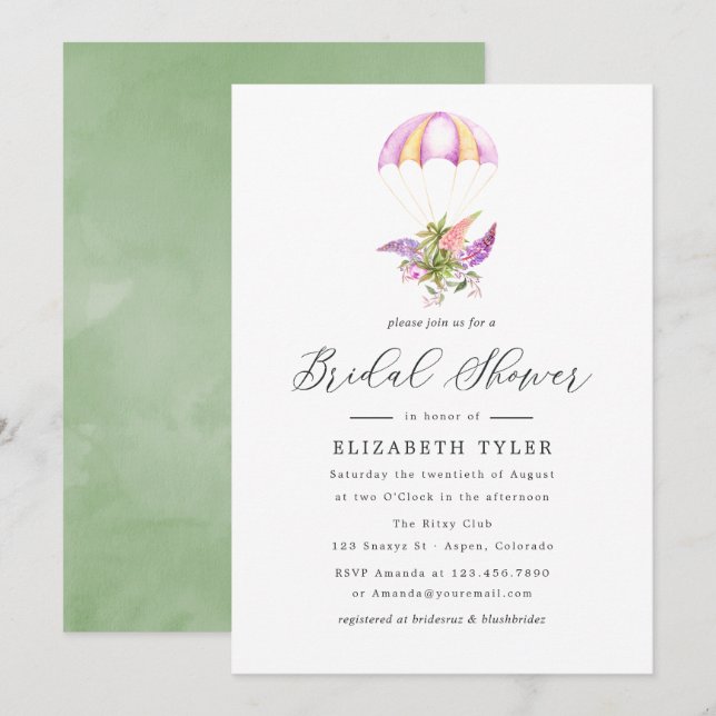 Möhippan Watercolor Blommigt Bouquet Fallskärm Inbjudningar (Fram/baksida)