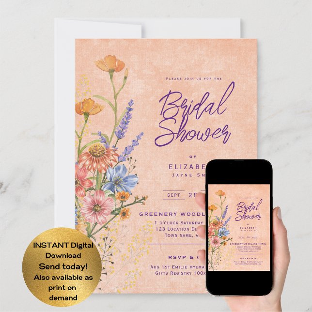 Möhippan Watercolor Boho Blommigt Wildblommor  Inbjudningar (Skapare uppladdad)