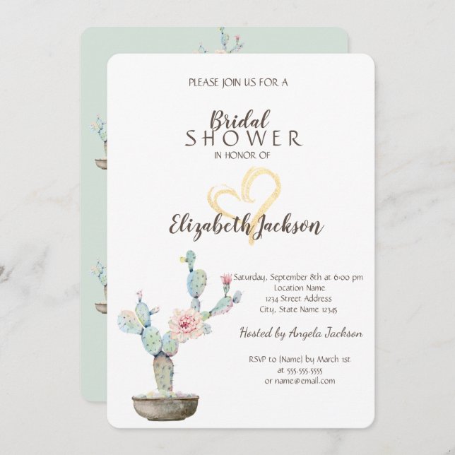 Möhippan Watercolor Cactus Guld Heart Inbjudningar (Fram/baksida)