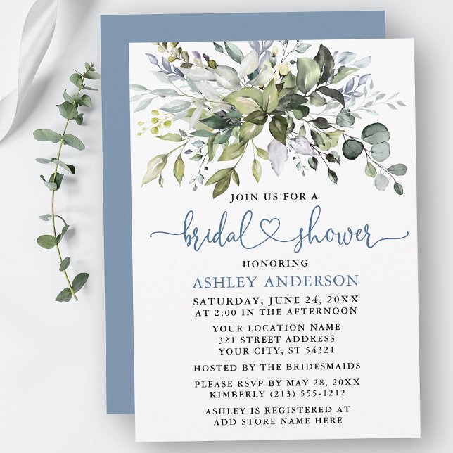 Möhippan Watercolor Greenery Dusty Blue Heart Inbjudningar (Customize to change your personalized text color, text style or color of back of card.)