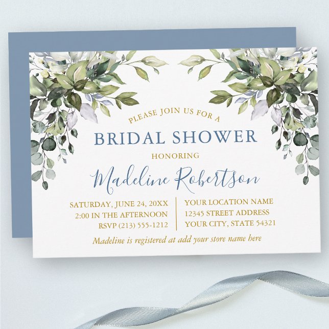 Möhippan Watercolor Greenery Guld Dusty Blue Inbjudningar (Customize to change text color, text style or color of back of card.)