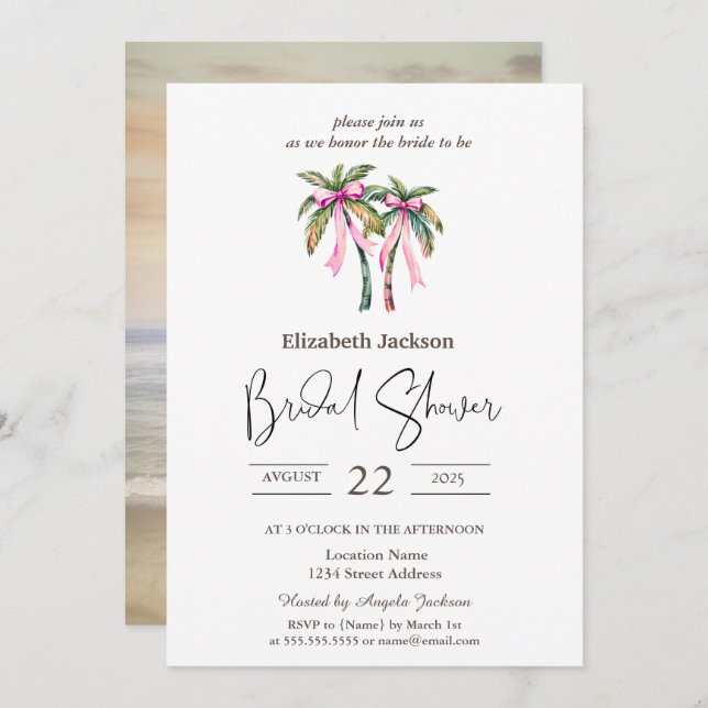 Möhippan Watercolor Handflatan Rosa Bow Beach Inbjudningar (Fram/baksida)