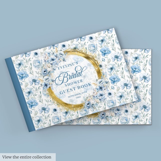 Möhippan Watercolor Light Blue Guld Flowers Gästböcker (Watercolor Light Blue Gold Flowers Bridal Shower Guest Book)