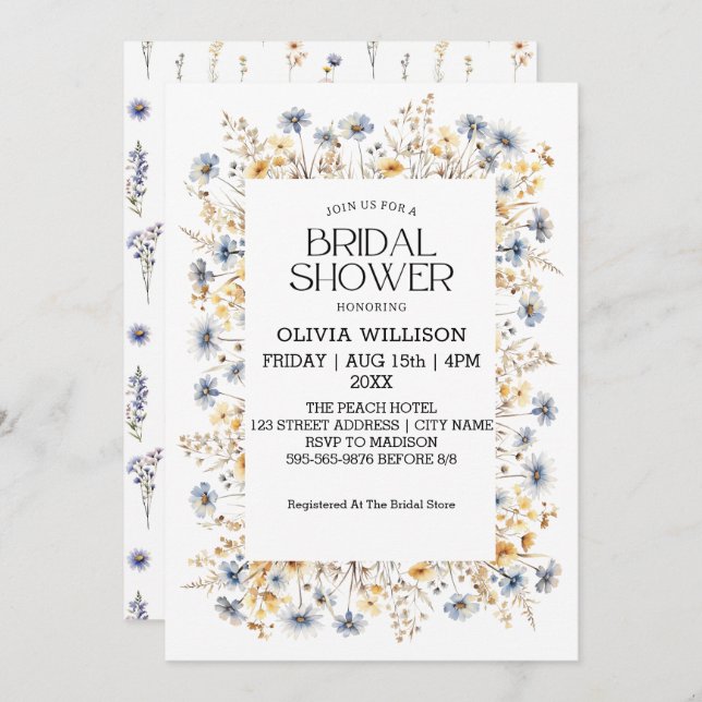 Möhippan Watercolor Light Blue Wildblommor Inbjudningar (Fram/baksida)