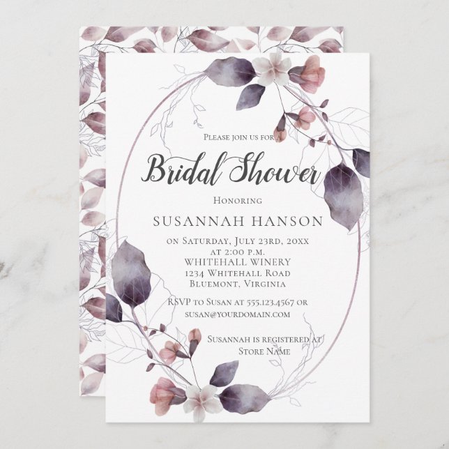 Möhippan Watercolor Mauve Rosa Flowers Löv Inbjudningar (Fram/baksida)