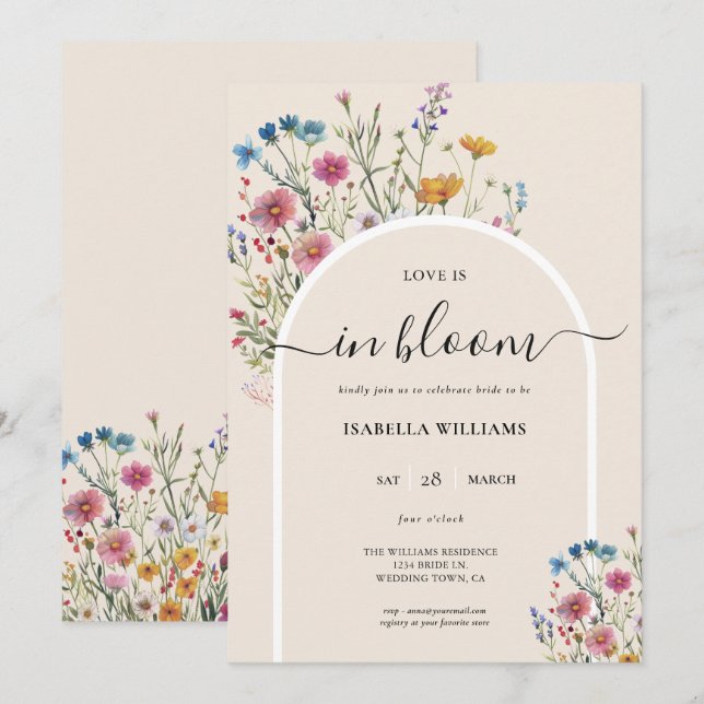 Möhippan Watercolor Modern Wildblomma Inbjudningar (Fram/baksida)