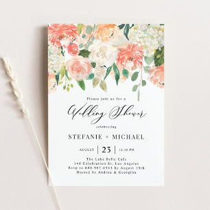 Möhippan Watercolor Peach och Ivory Flowers Inbjudningar