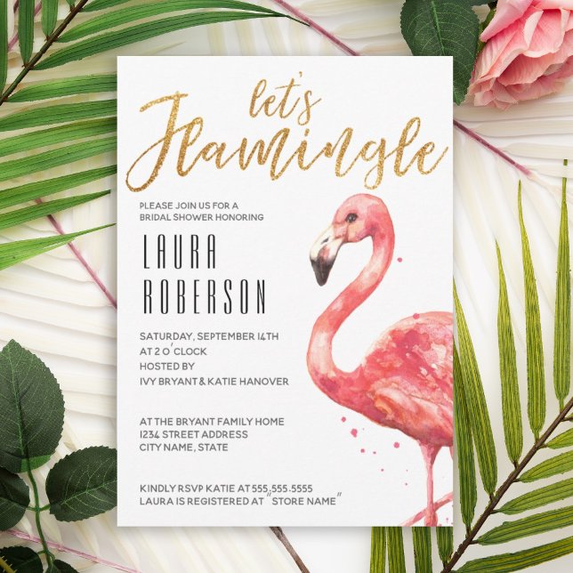 Möhippan Watercolor Pin Låt oss Flamingle Guld Inbjudningar (Let's flamingo theme is a fun way to create a tropical bridal shower theme with pink flamingo.)