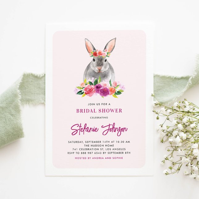 Möhippan Watercolor Rabbit och Lila blommor Inbjudningar (Skapare uppladdad)