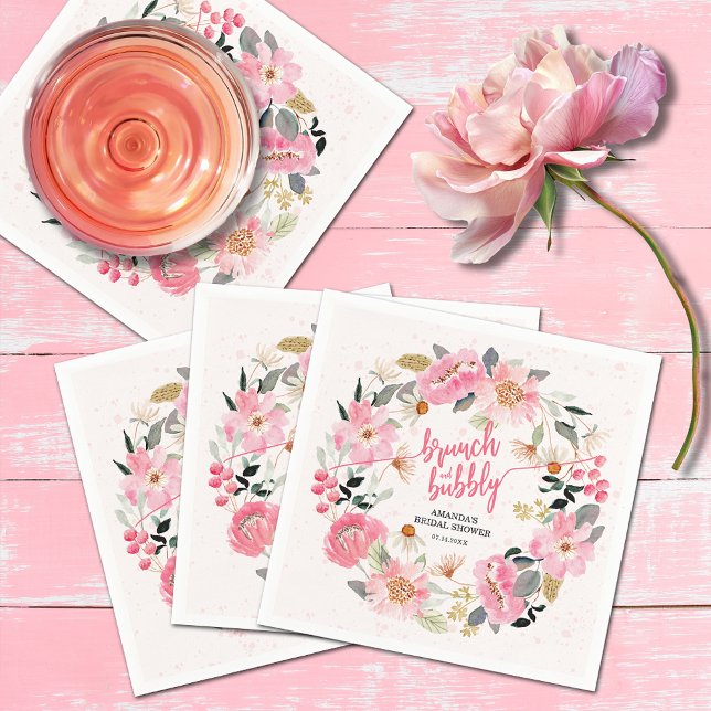 Möhippan Watercolor Rosa Garden Flowers Pappersservett (Watercolor -pink garden flowers bridal shower bunch and bubbly cocktail napkins)