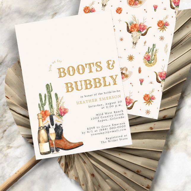 Möhippan western Boots Inbjudningar (Bridal Shower Boho Watercolor Boots and Bubbly Invitation
)