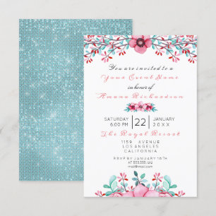 Möhippans Blommigt Rosa Bohemian Sparkly Aqua Inbjudningar
