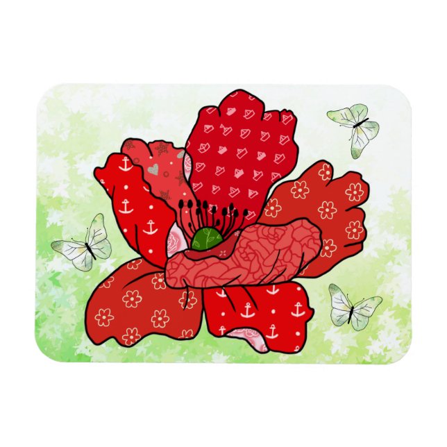Mohn und Schmetterlinge Magnet (Horisontell)