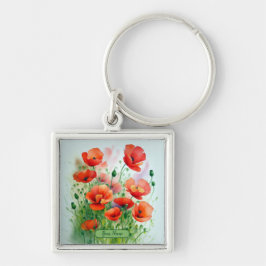 Mohnblumenwiese, Aquarell -  Fyrkantig Silverfärgad Nyckelring