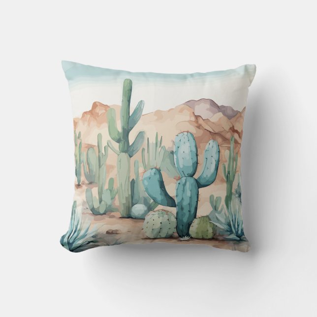 Mojave Desert Cactus Watercolor Kudde (Framsida)