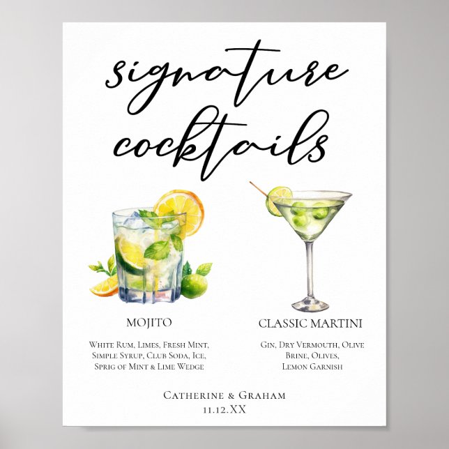 Mojito Martini Bröllop Namnteckning Cocktails Menu Poster (Framsidan)