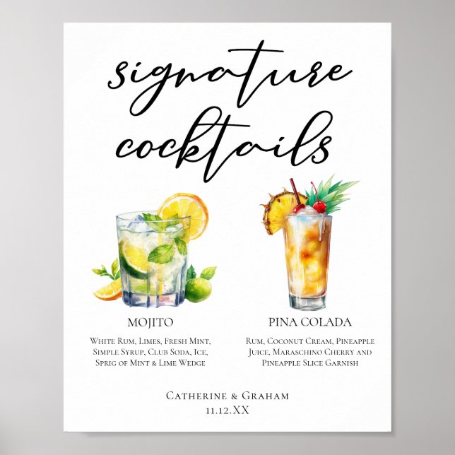 Mojito Piña Colada Namnteckning Cocktails Menu Poster (Framsidan)