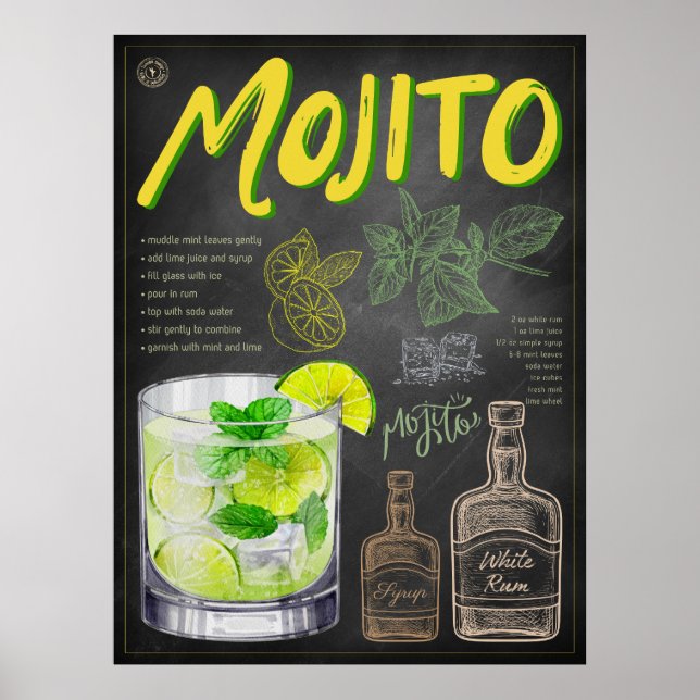 Mojito Recipe Chalkboard Cocktail Art Poster (Framsidan)