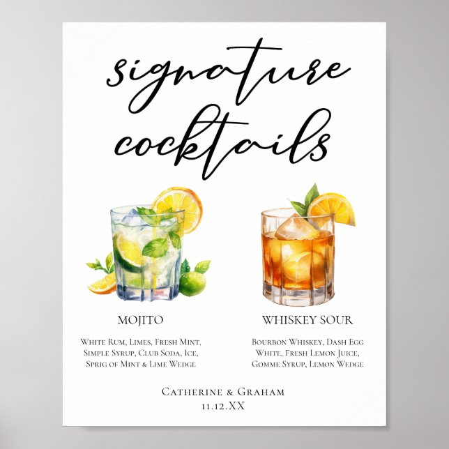 Mojito Whiskey Sour Namnteckning Cocktails Menu Poster (Framsidan)