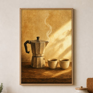 Moka Pot Morgon Vattenfärg Cottagecore Affisch