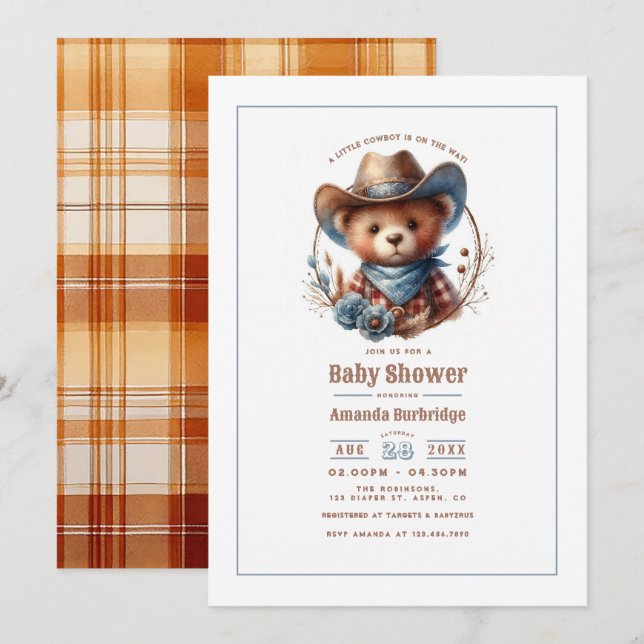 Mokka-Mousse Rustik Baby Shower för Lille Cowboyen Inbjudningar (Fram/baksida)