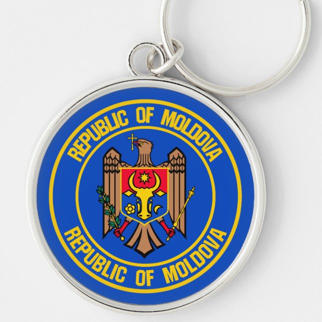 Moldavien Round Emblem Rund Silverfärgad Nyckelring (Framsidan)