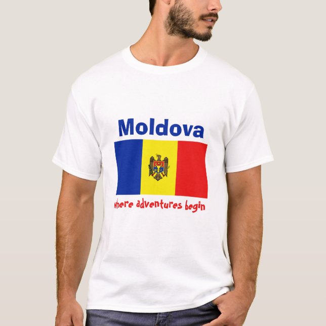 Moldova Flagga + Karta + Text T-Shirt (Framsida)