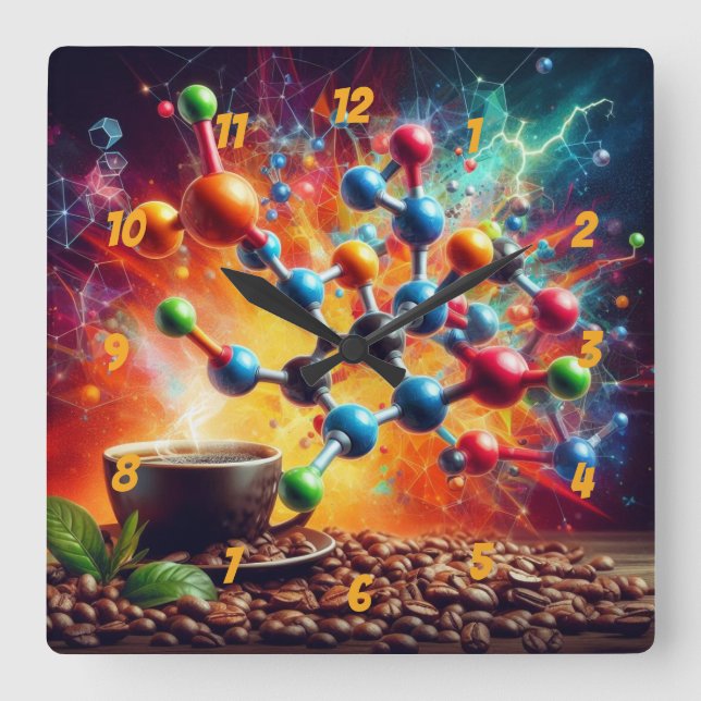 Molecular Caffeine Structure - Science Art Coffee Fyrkantig Klocka (Framsida)