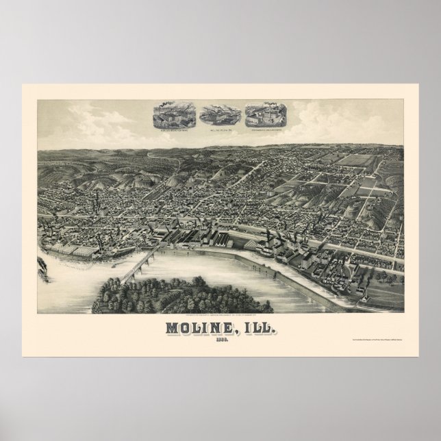 Moline, IL Panoramic Karta - 1889 Poster (Framsidan)