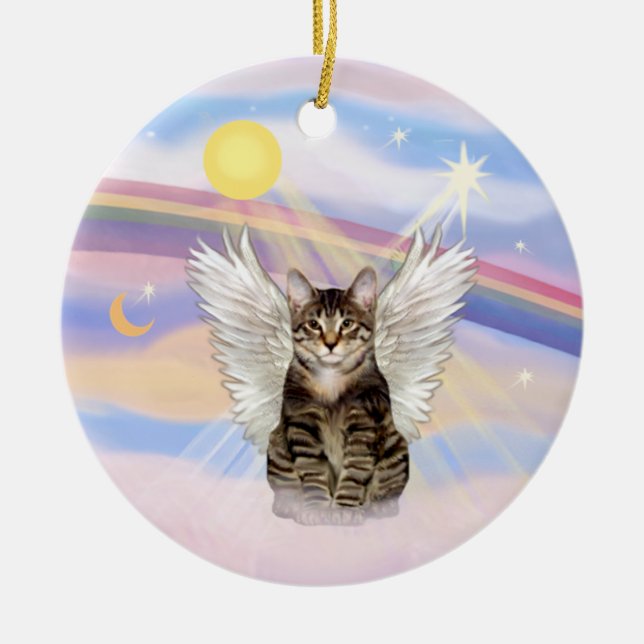 Moln - Brunt Tabby Tiger Cat Angel Julgransprydnad Keramik (Framsidan)
