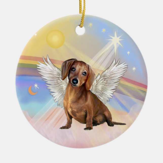 Moln - Dachshund Angel (brun / röd) Julgransprydnad Keramik (Framsidan)