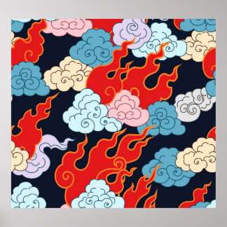 Moln, Flamor: Black Vintage Mönster. Poster