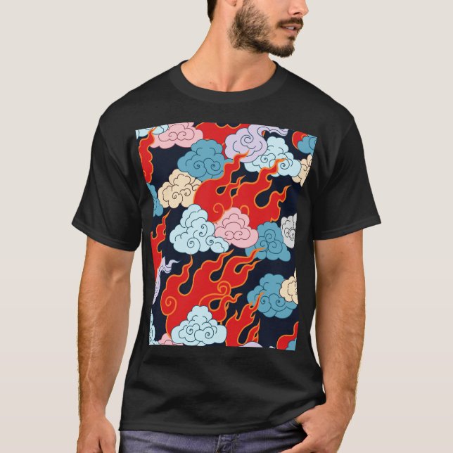 Moln, Flamor: Black Vintage Mönster. T Shirt (Framsida)