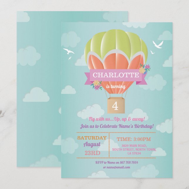 Moln för fluga för luftballongfödelsedagsfestritt inbjudningar (Fram/baksida)