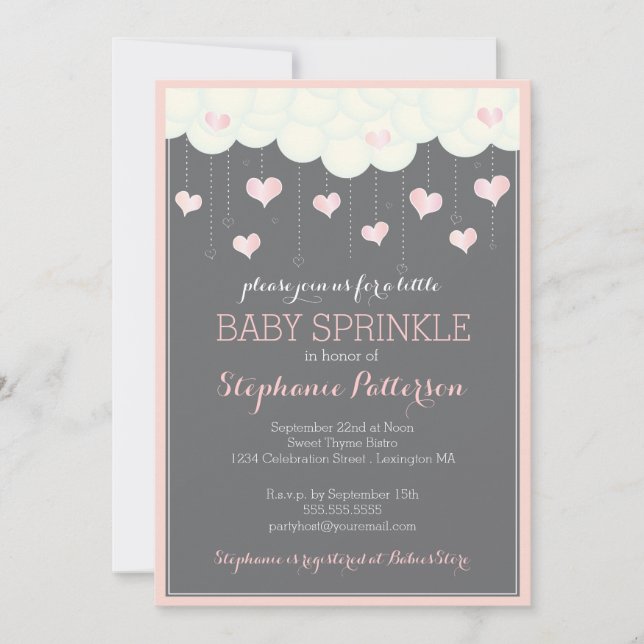 Moln & Hearts Baby Sprinkle i inbjudan till Rosa (Framsida)