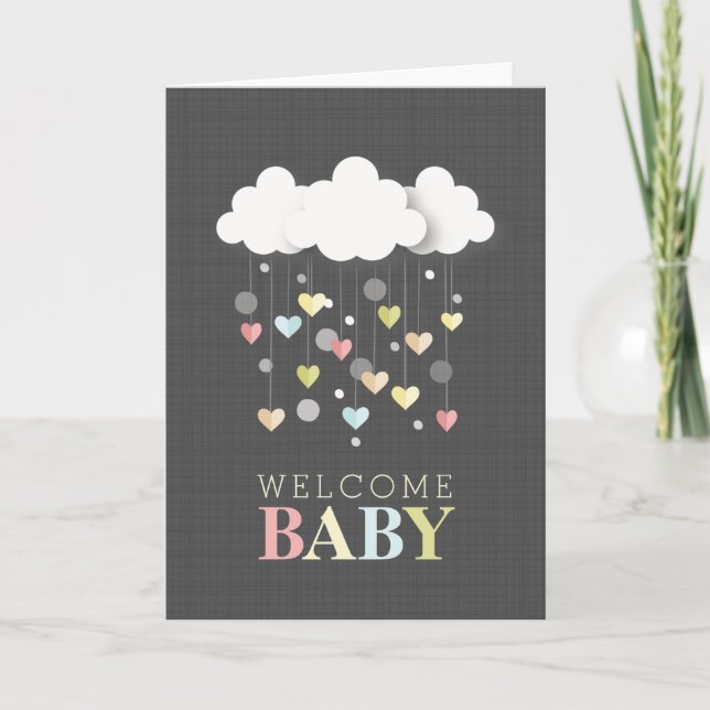 Moln + Hearts Neutralt Baby Shower Tack Kort (Framsida)